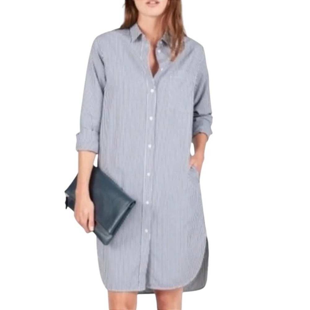 Everlane Striped Shirtdress Womens 2 Blue Long Sleeve Button Front Minimalist